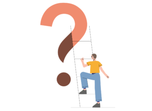 Mein Oeder Weg - Illustration zum Warum: Ein Mensch steigt mit einer Leiter auf ein Fragezeichen